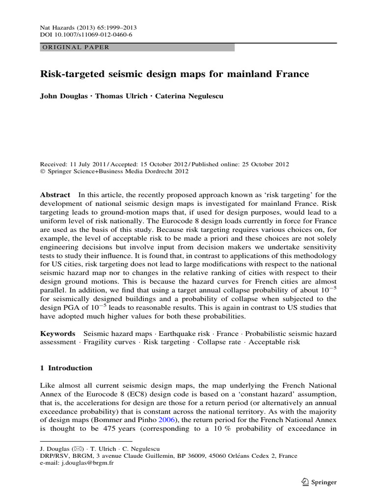 Risk-targeted Seismic Design Maps for Mainland France | PDF | Risk ...