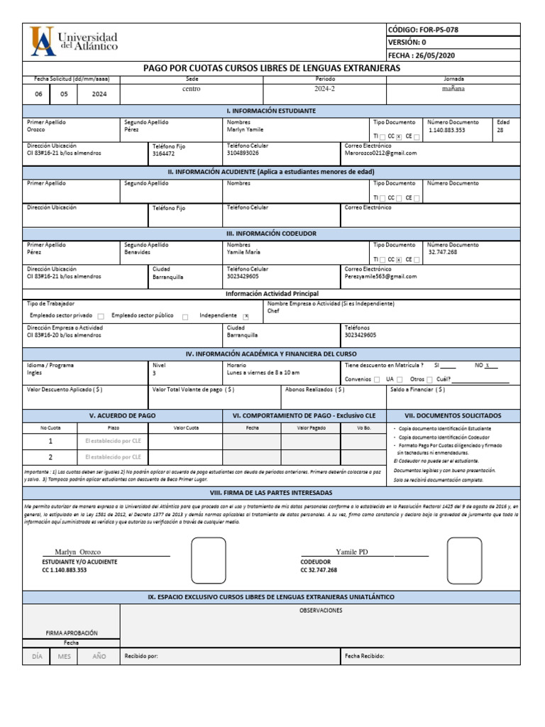 Formato Solicitud Pago Por Cuotas 06 Mayo Pdf