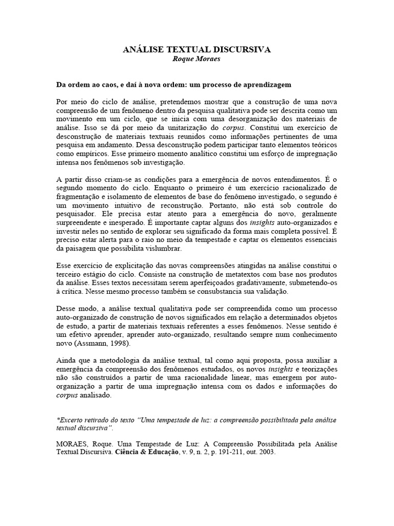 Síntese - ANÁLISE TEXTUAL DISCURSIVA | PDF | Aprendizado | Desconstrução