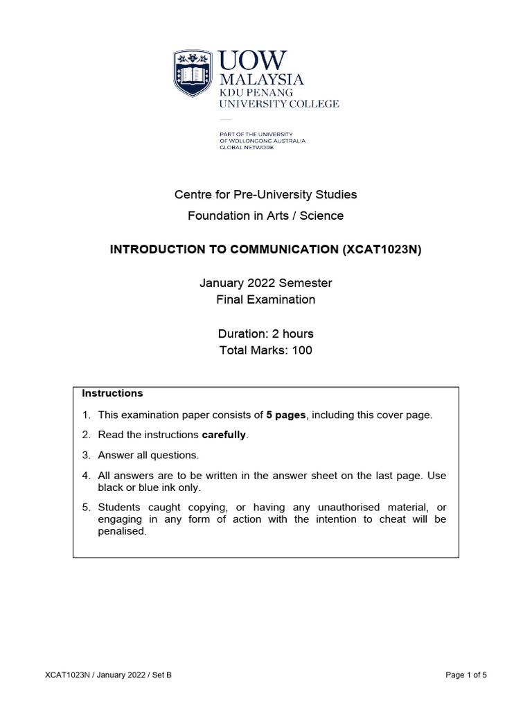 Final Exam Paper - Set B XCAT1023N Introduction To Communication | PDF ...