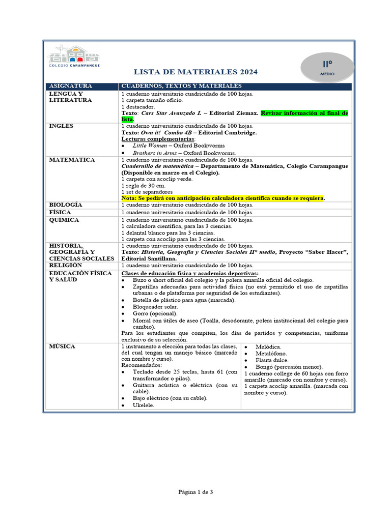 Lista de Materiales y Textos II° Medio 2024 | PDF | Lápiz | Cuaderno