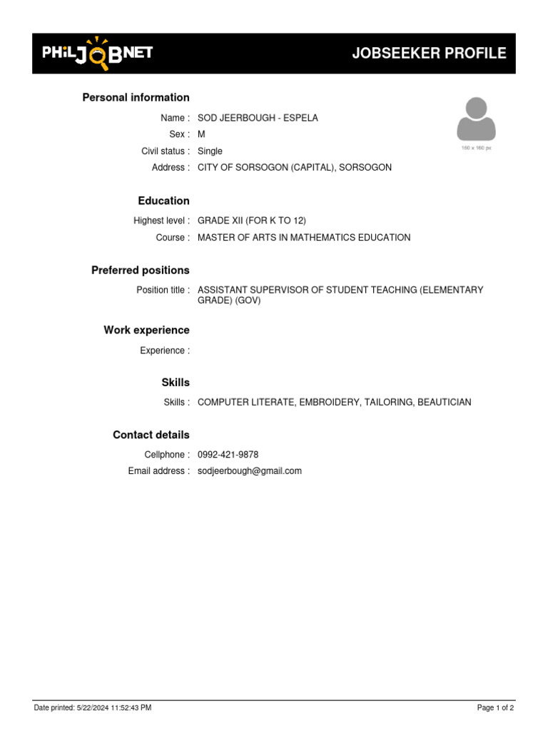 Jobseeker Profile: Sod Jeerbough-Espla | PDF