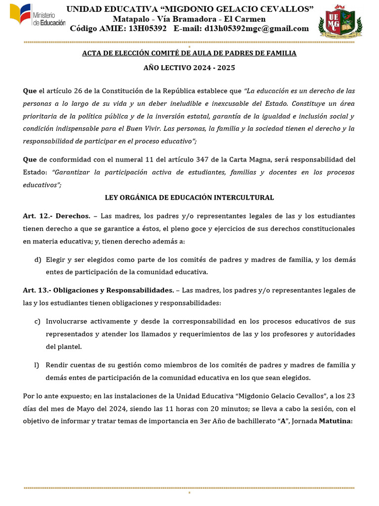 Acta De Elección Comité Aula De Padres De Familia Pdf Fuentes Del