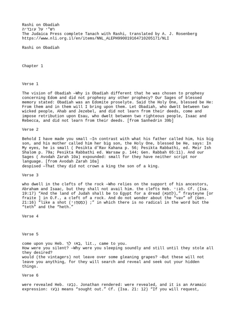 Rashi On Obadiah - en - The Judaica Press Complete Tanach With Rashi ...