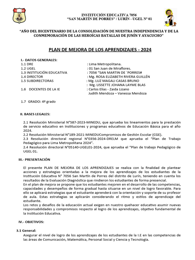 Plan de Mejora de Aprendizajes 2024 | PDF | Aprendizaje | Hipótesis