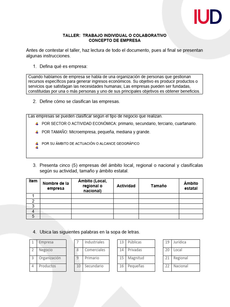 Taller trabajo individual o colaborativo concepto de empresa pdf