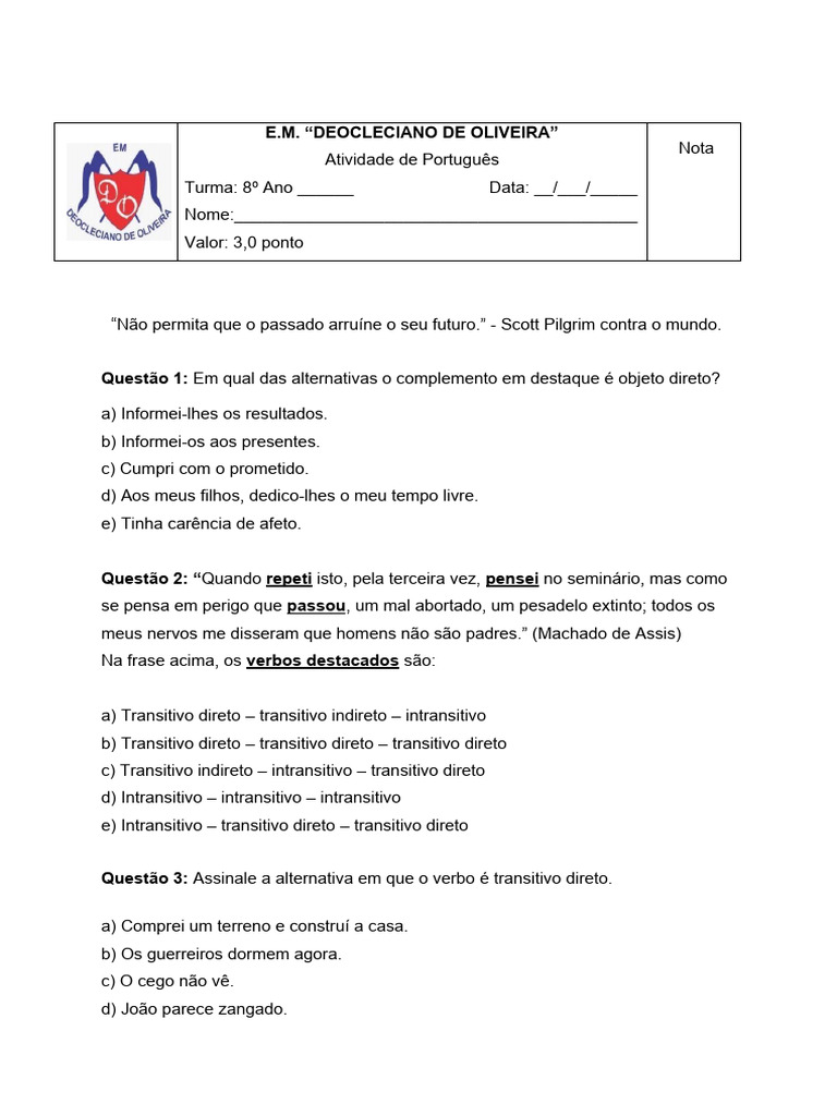 Atividade 8 Ano | PDF