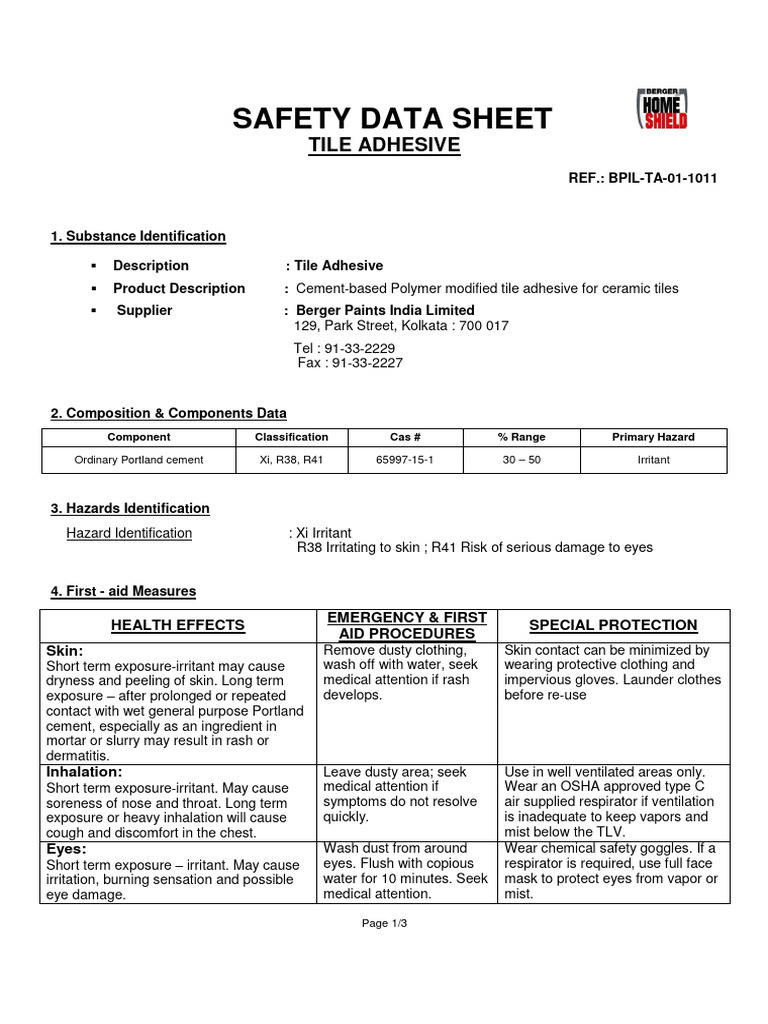 Tile Adhesive Msds | PDF | Water | Firefighting