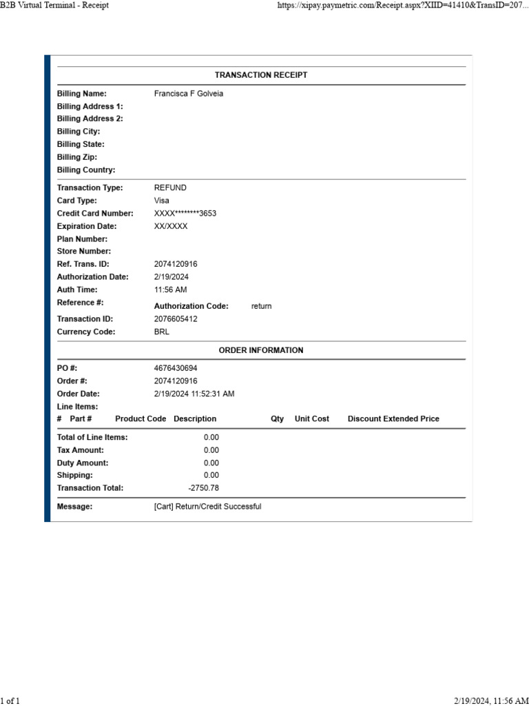 Visa Refund Transaction Receipt | PDF
