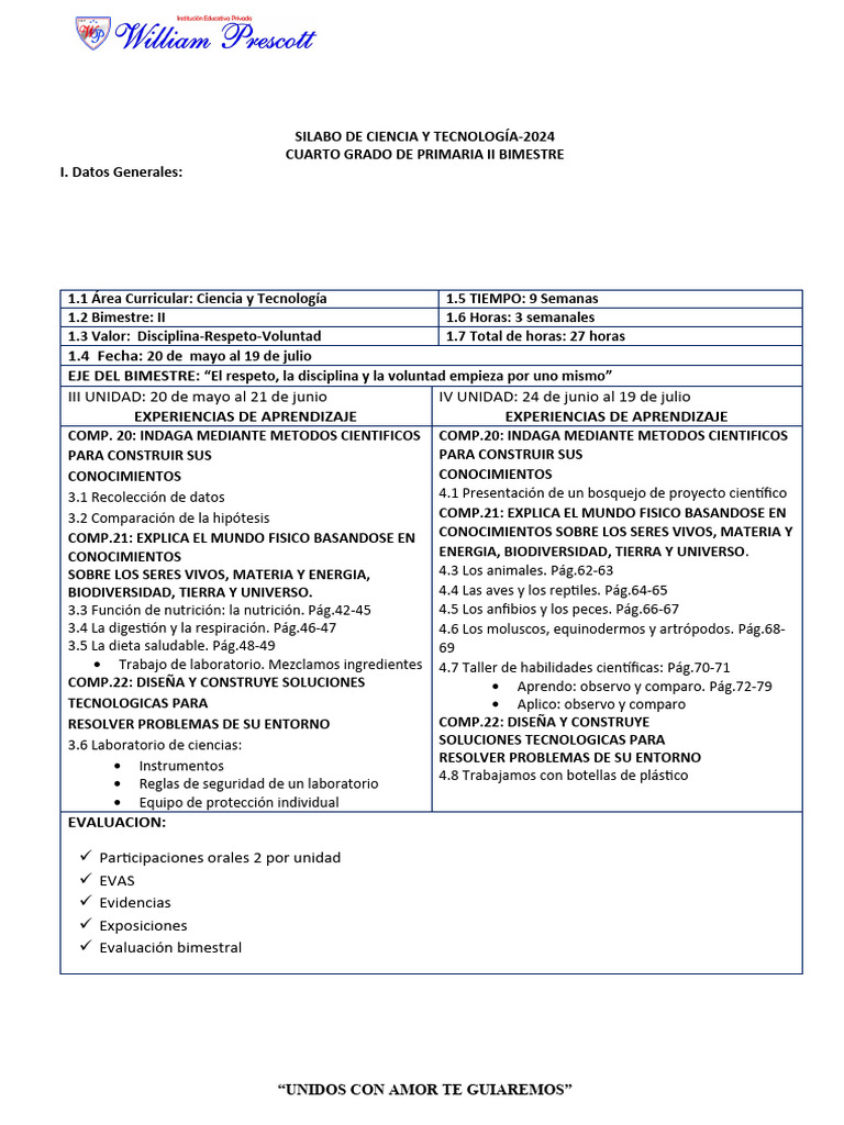 Silabo de Ciencia y Tecnología 2024 - Cuarto | PDF | Science
