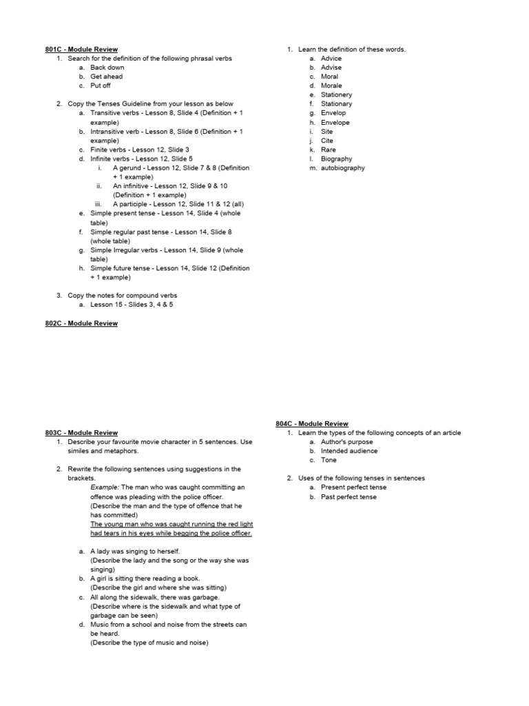 Comprehensive Module Review Guide | PDF | Verb | Grammatical Tense