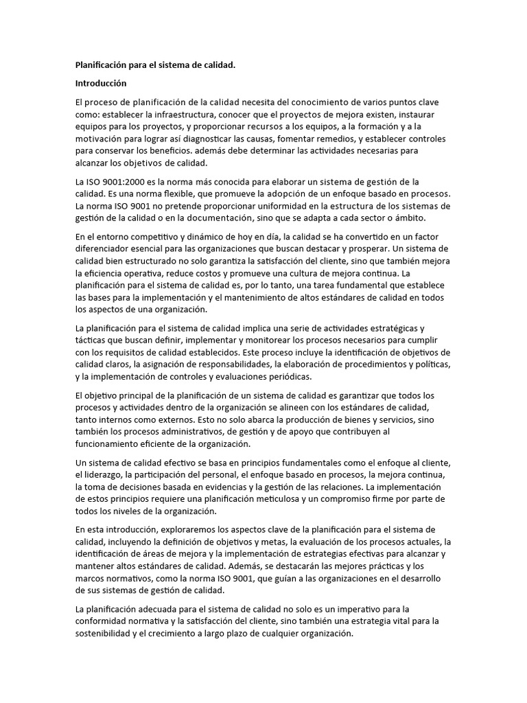 Planificación Para El Sistema De Calidad Pdf Sistema De Manejo De