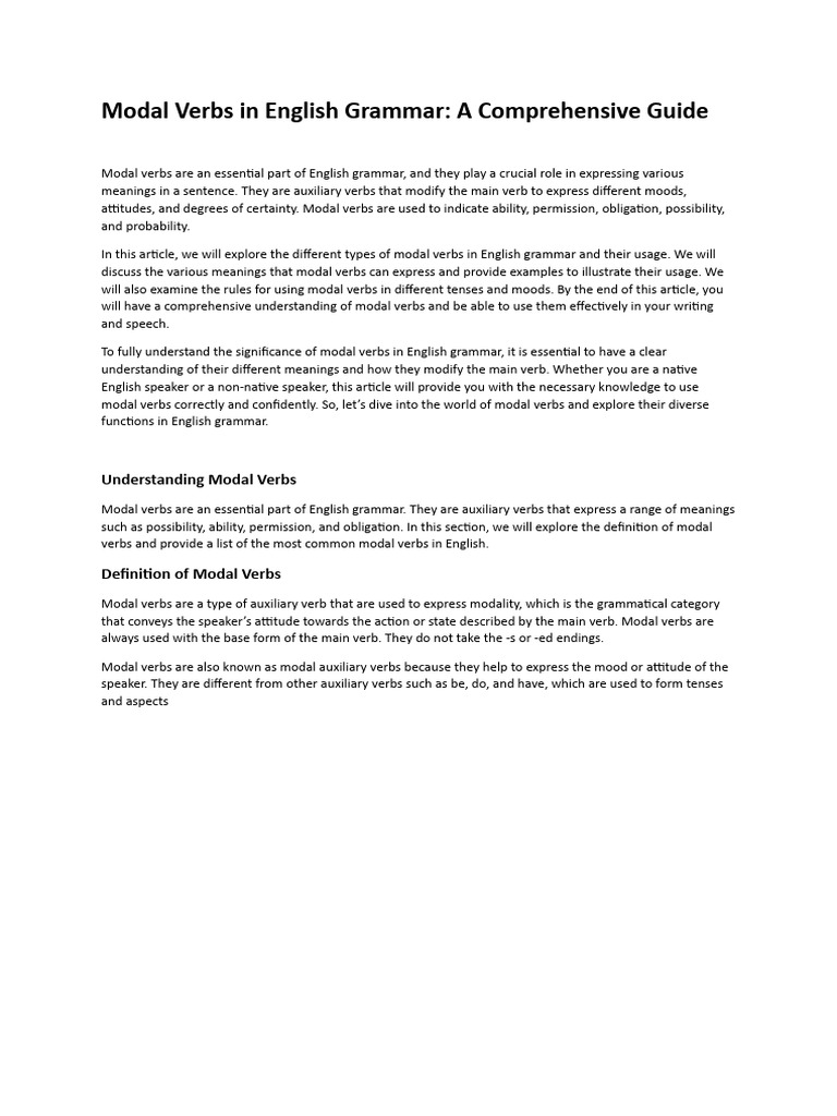 Modal Verbs In English Grammar Pdf Verb Grammatical Tense