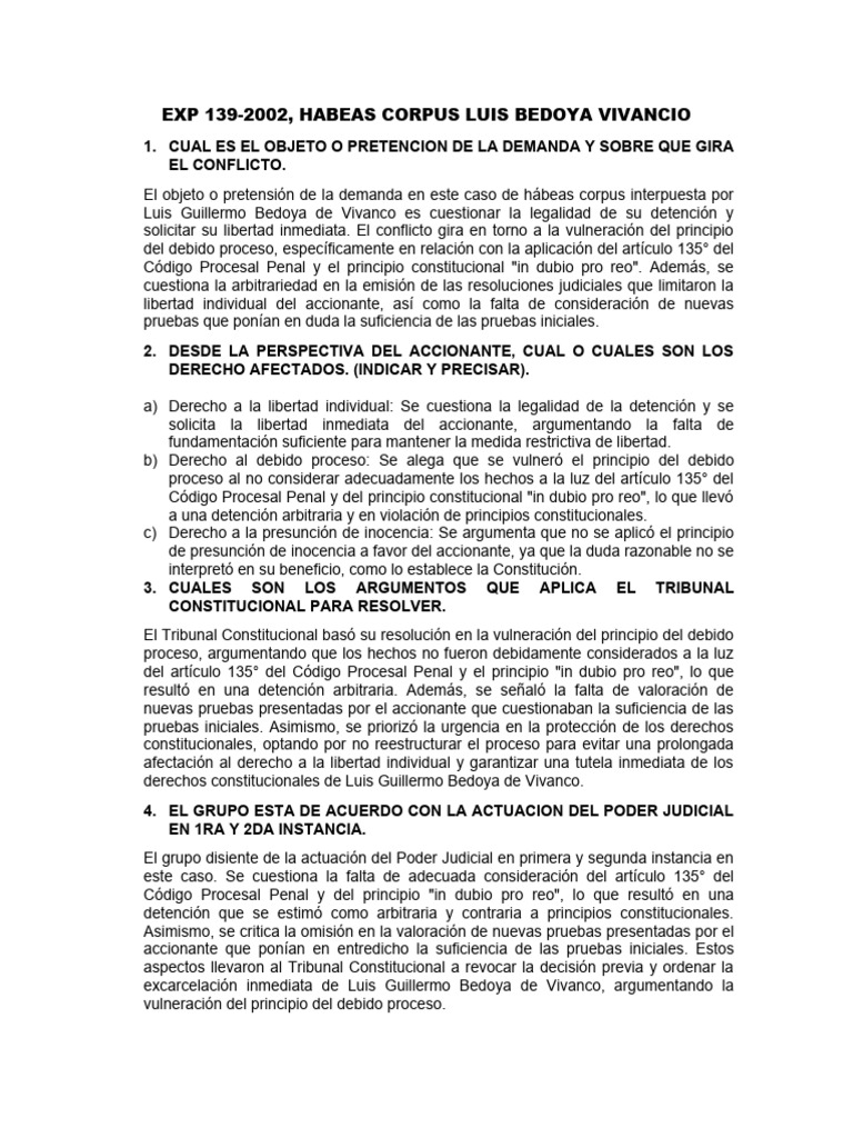 Exp 139-2002 Habeas Corpus Luis Bedoya | PDF | Habeas corpus | Debido ...