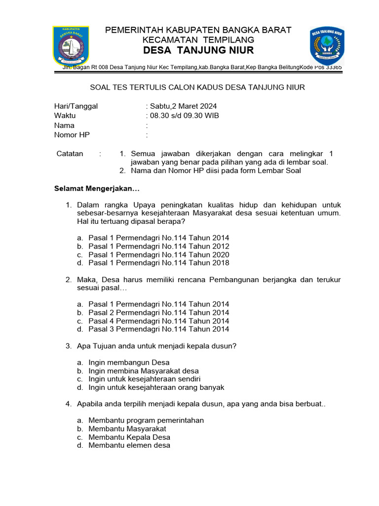 Soal Tes Kepala Dusun 2024 | PDF | Griya & Taman