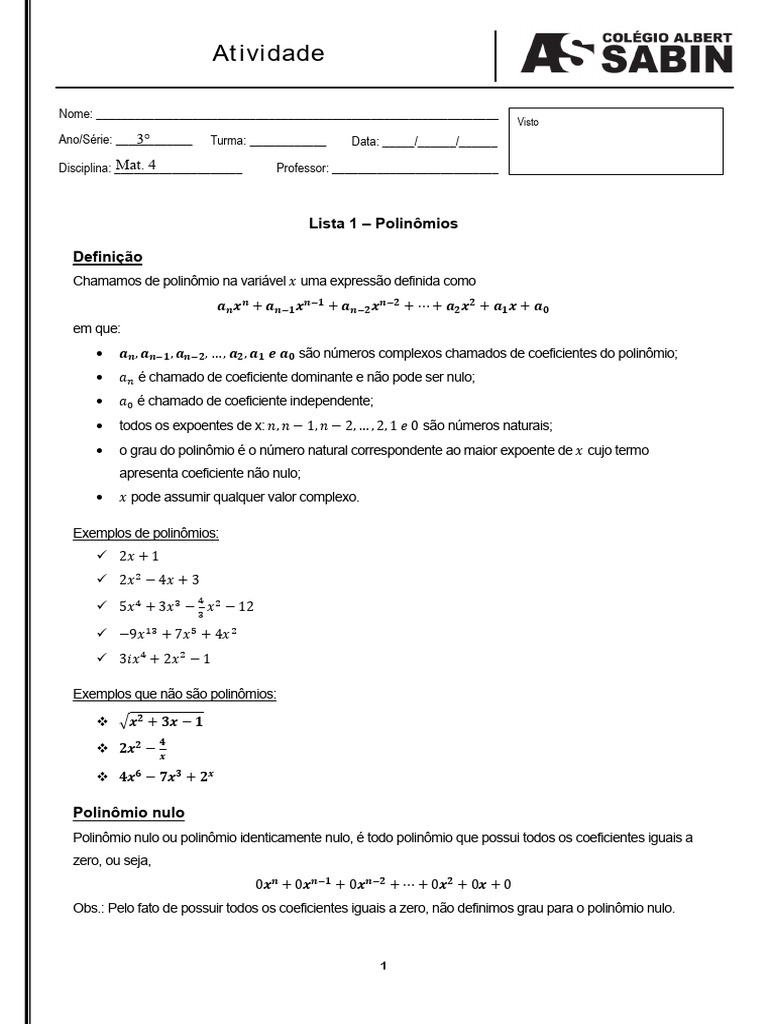 Lista de Exercícios sobre Polinômios | PDF | Número complexo | Triângulo