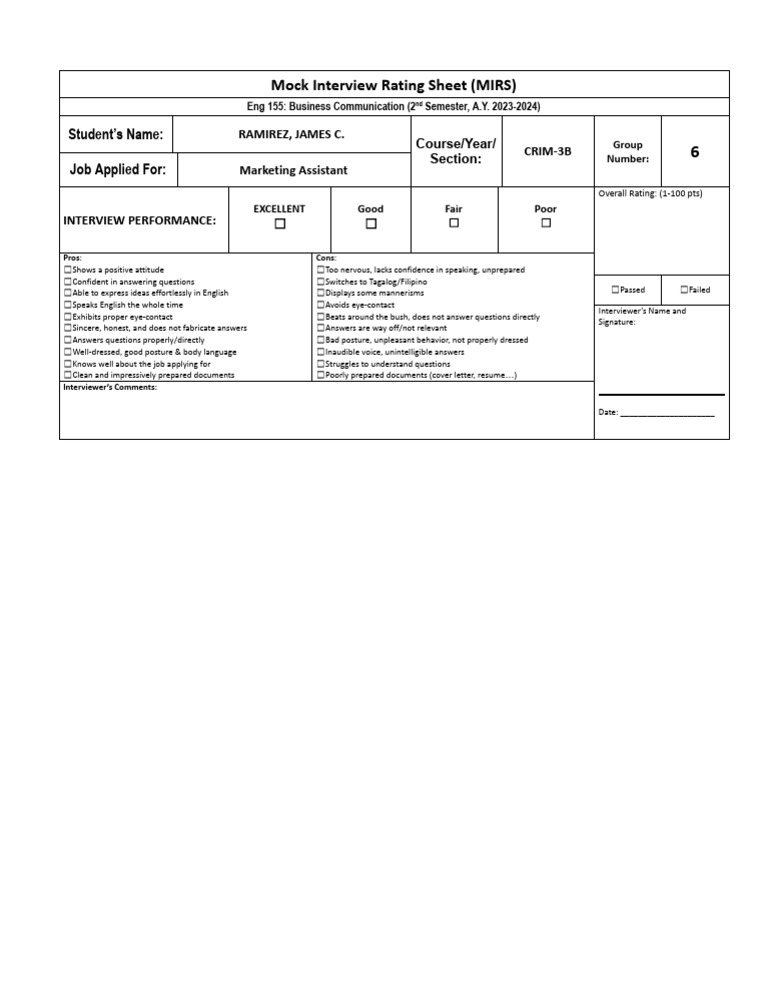 Mock Interview Rating Sheet | PDF | Communication | Psychological Concepts