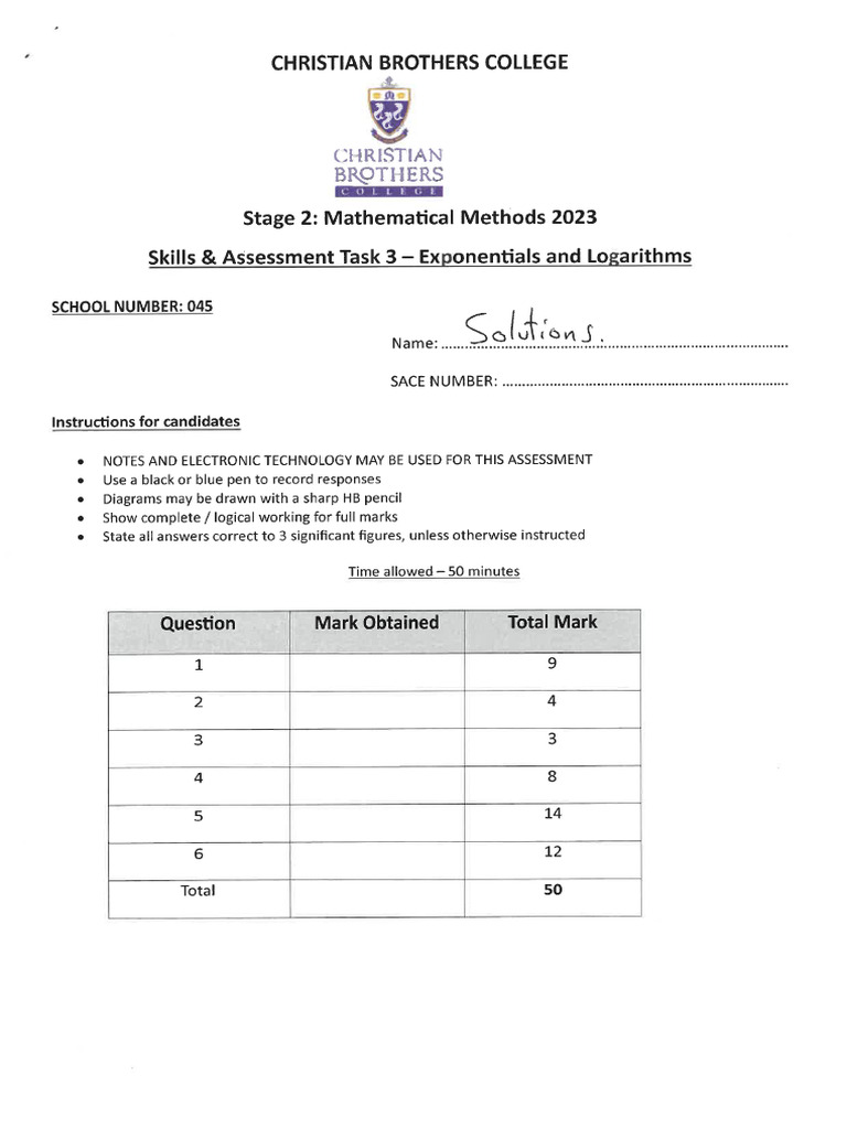2023 Mathematical Methods Test 3 CBC - SOLUTIONS | PDF
