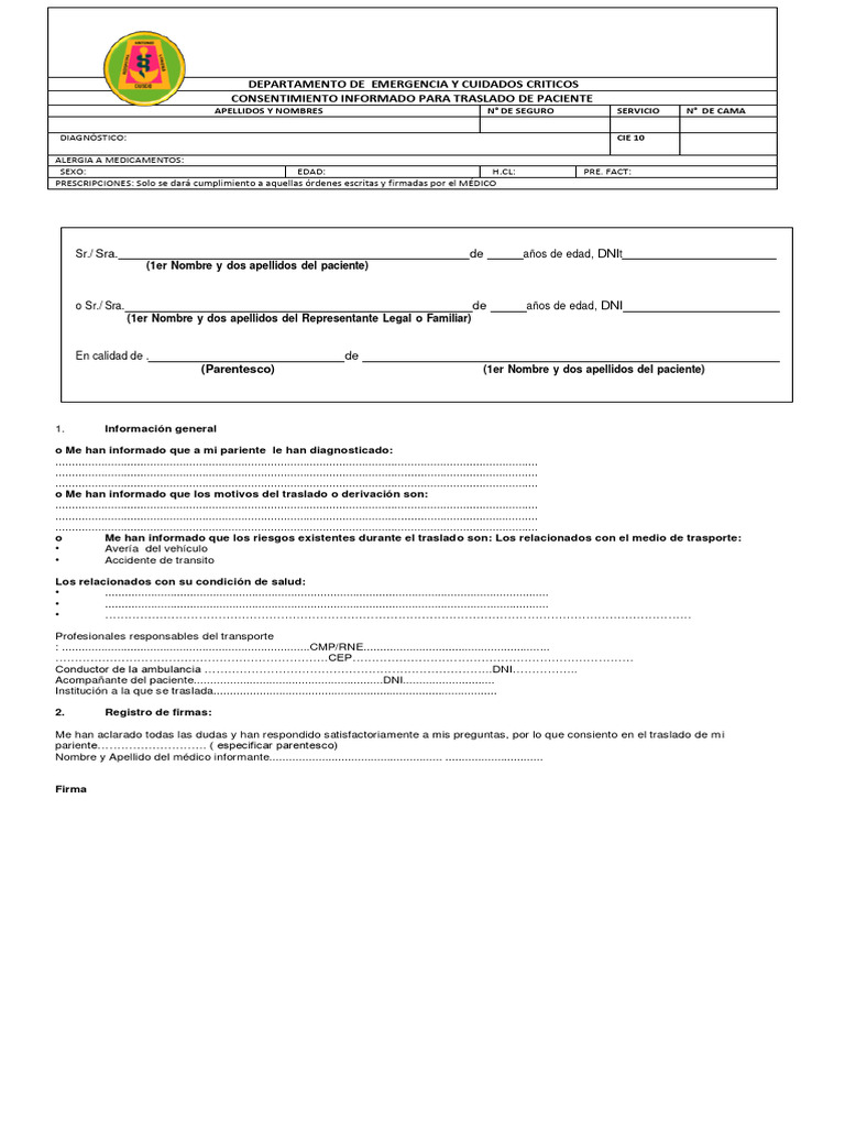 Consentimiento Informado para Traslado de Paciente | PDF ...
