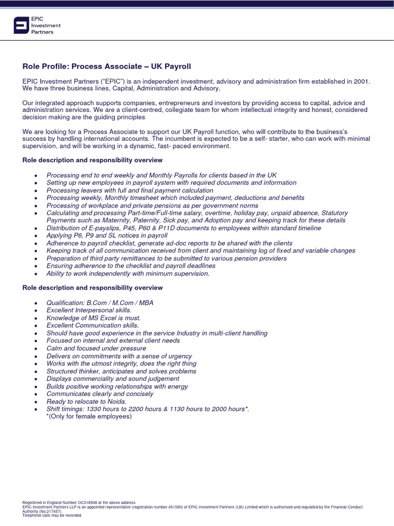 Process Associate Role at EPIC Partners | PDF | Payroll | Investment ...