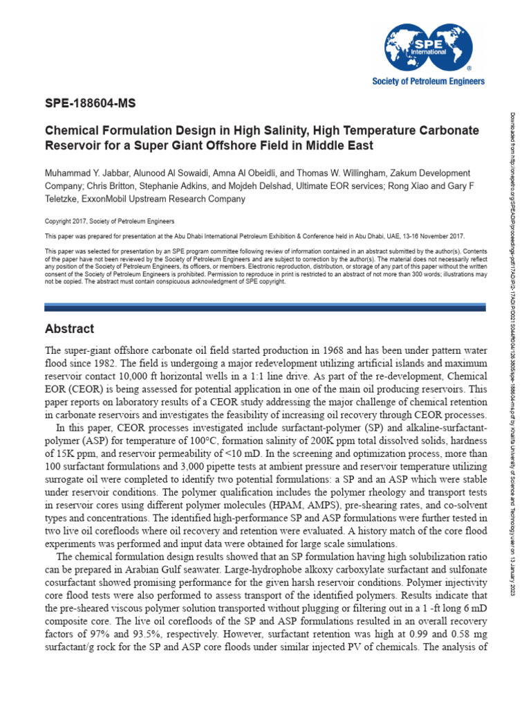 2017 Jabbar Spe-188604-Ms AD | PDF | Surfactant | Petroleum Reservoir