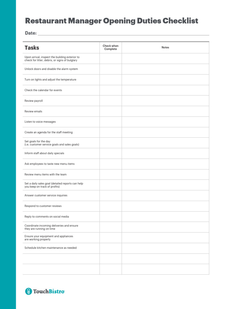 Restaurant Manager Duties Checklist | PDF | Restaurants | Menu