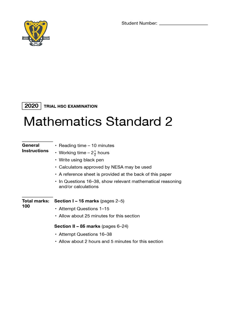 HSC Maths Standard 2 Exam Paper | PDF