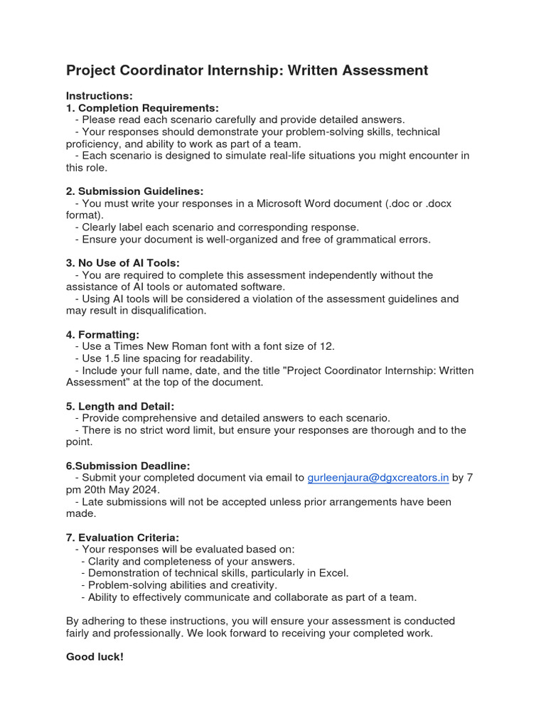Project Coordinator Internship Assessment | PDF | Microsoft Excel | Risk