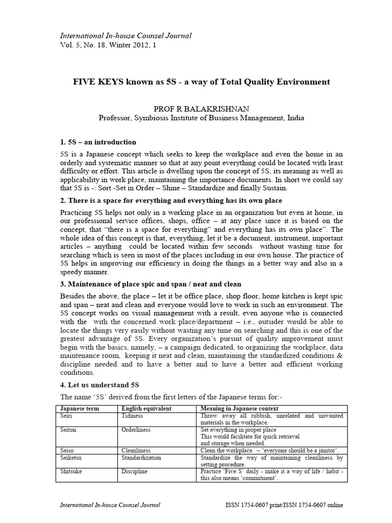 FIVE KEYS known as 5S - a way of Total Quality Environment | Download ...