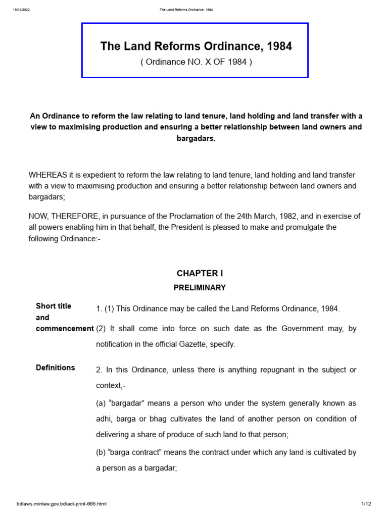 The Land Reforms Ordinance, 1984 (Ordinance NO. X OF 1984) PDF