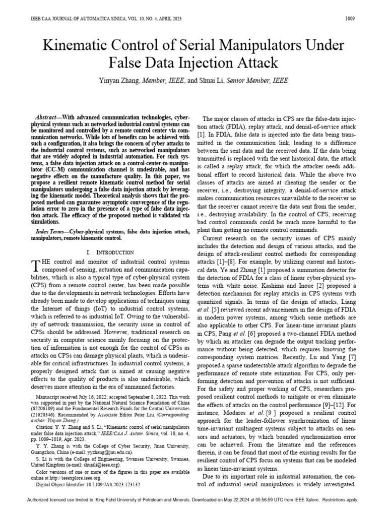Kinematic control of serial manipulators under false data injection