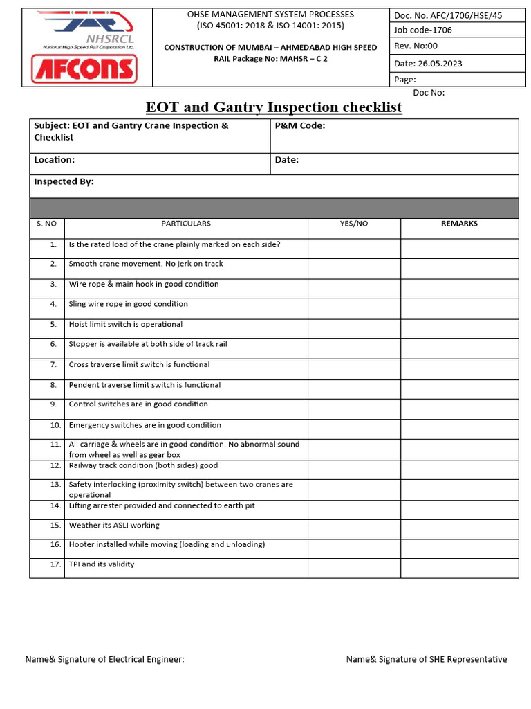 EOT and Gantry Inspection Checklist PDF