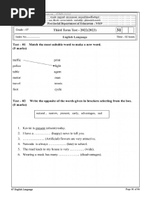 2022 Grade 07 English 3rd Term Test Paper With Answers North Western Province