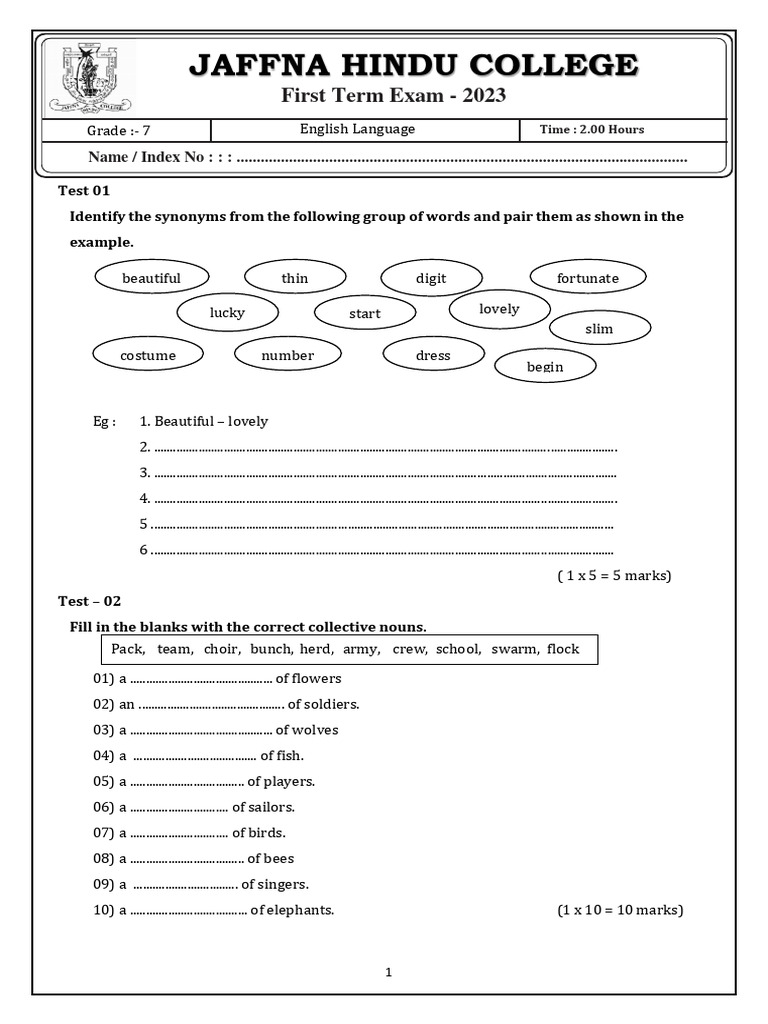 2023 grade 07 english language 1st term test paper jaffna hindu college