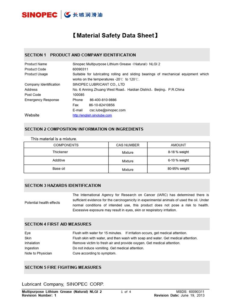 Sinopec Multipurpose Lithium Grease（Natural） NLGI2_EN PDF Waste
