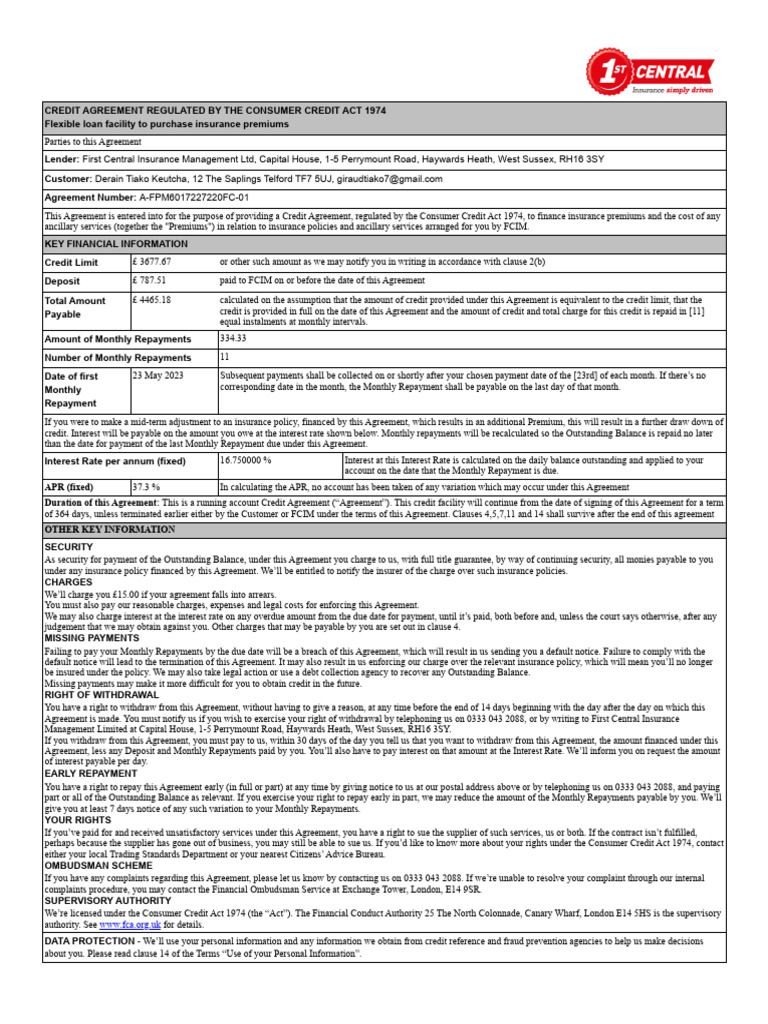 Consumer Credit Agreement for Insurance | PDF | Credit Card | Interest