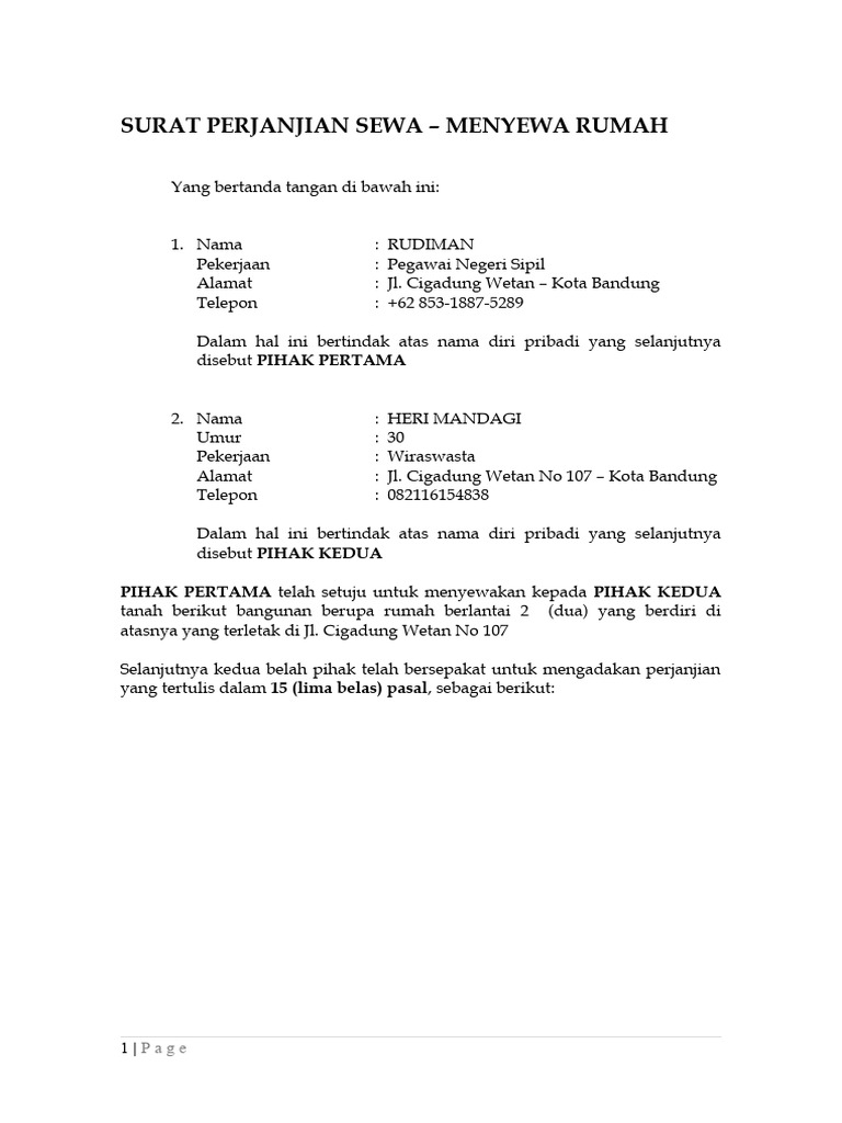 Surat Perjanjian Sewa Rumah 2021-2026 | PDF | Hukum