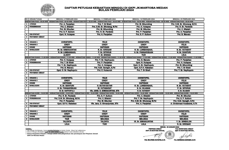 Roster Pelayanan Penatua 2024 | PDF
