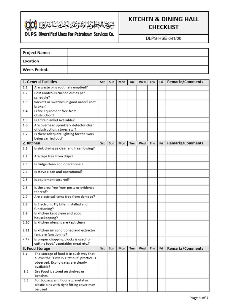 Dining Hall Cleaning Checklist