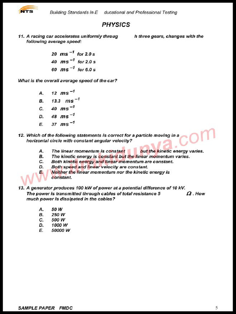 NTS Sample Past Papers FMDC MBBS Admission Test Physics | PDF