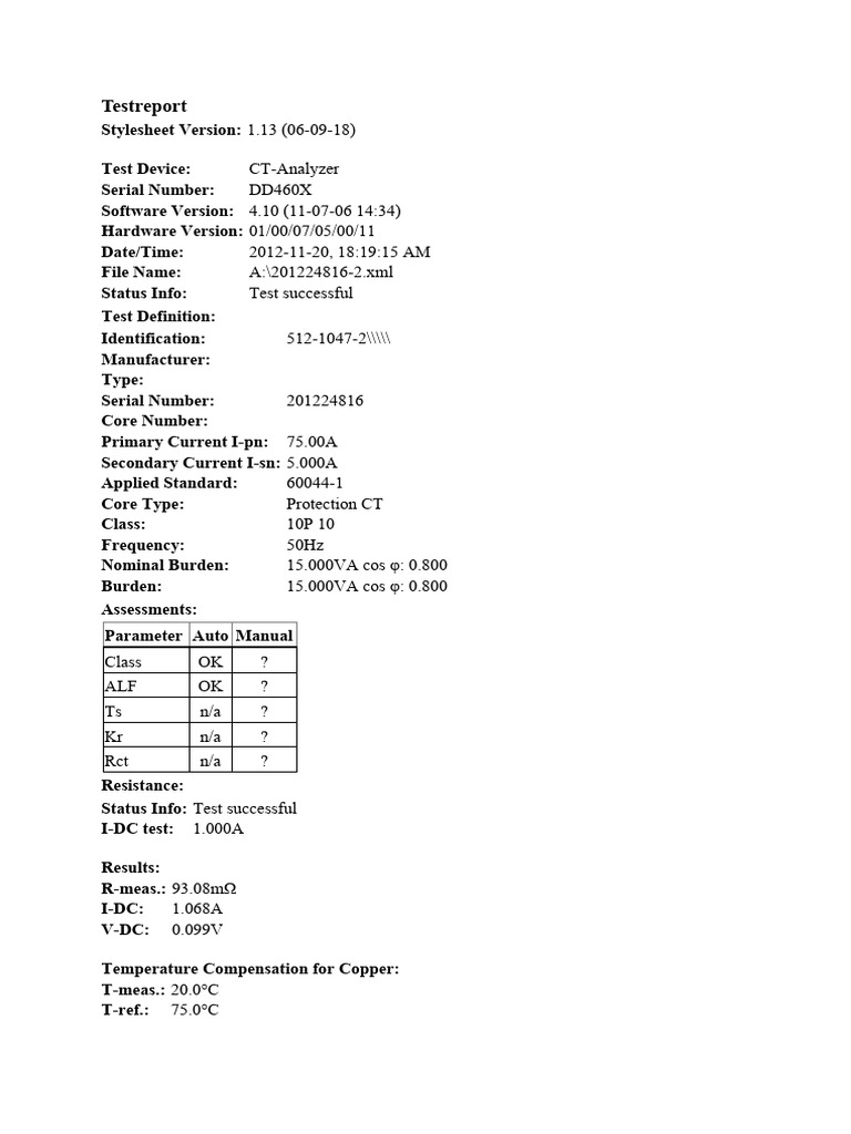 CT Analyzer Test Report Summary | PDF | Electrical Engineering