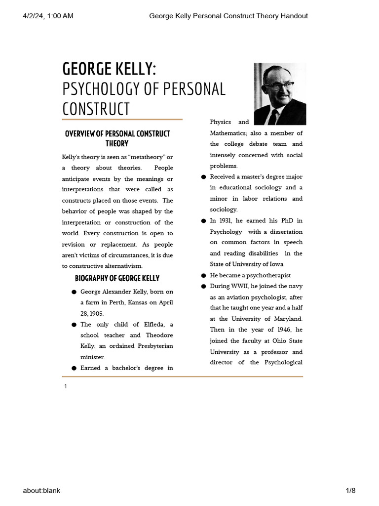 George Kelly Personal Construct Theory Handout | PDF | Psychotherapy ...