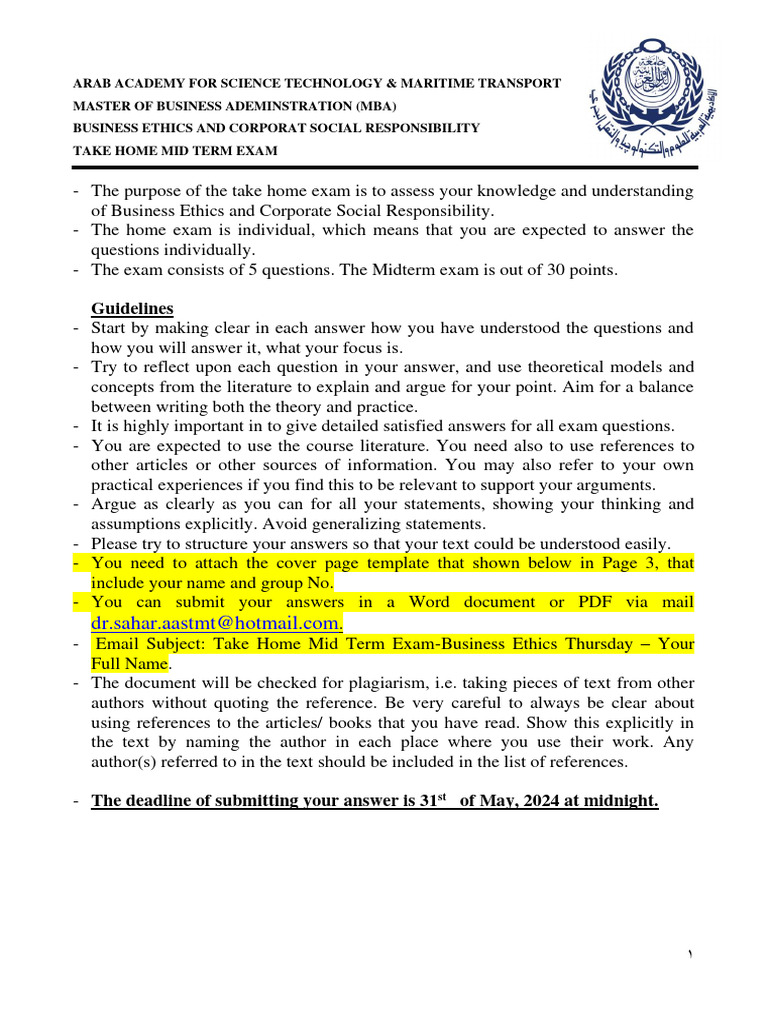 MBA Business Ethics Midterm Exam Guide | PDF | Corporate Social ...