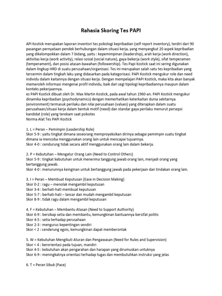 Panduan Skoring Tes PAPI Kostick | PDF | Pengembangan Diri