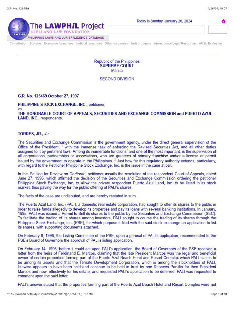 SEC vs. PSE: Puerto Azul Listing Case | PDF | Securities Act Of 1933 ...