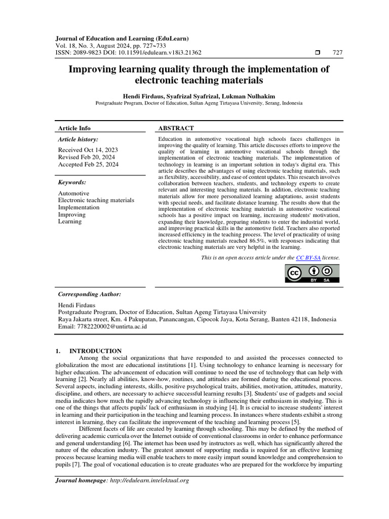 Improving Learning Quality Through The Implementation of Electronic ...