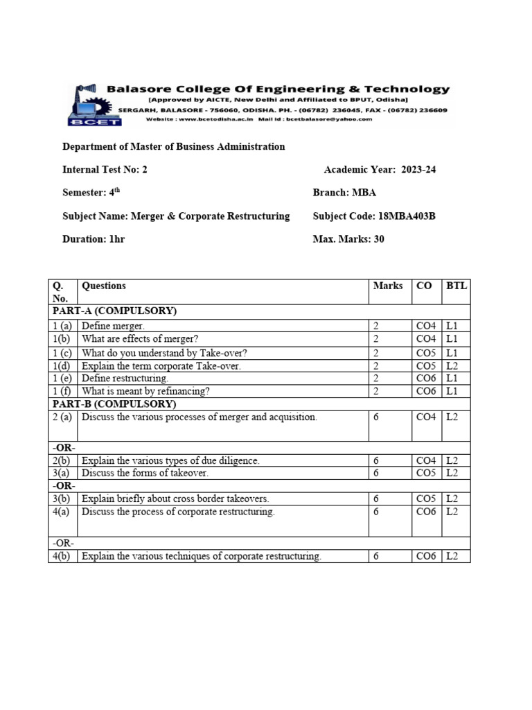 MBA Merger & Corporate Restructuring Test | PDF