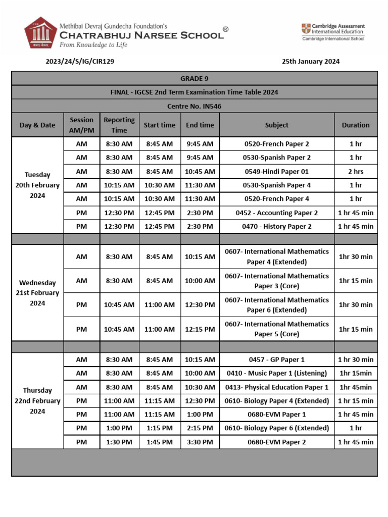 Grade 9 IGCSE Exam Timetable 2024 | PDF