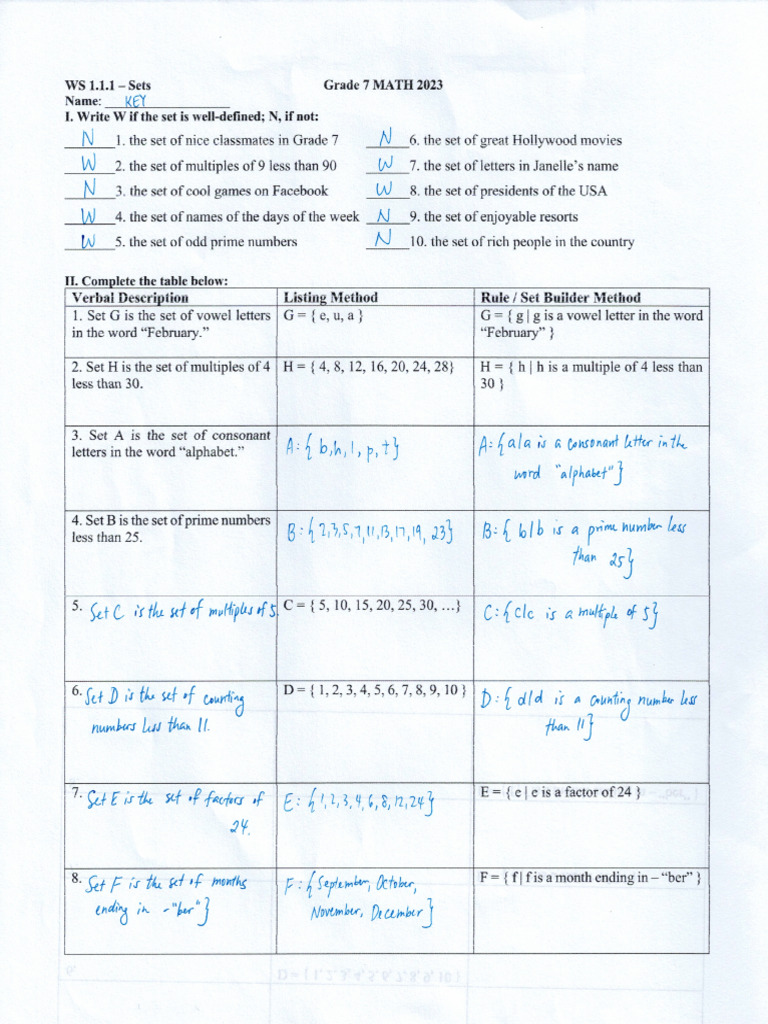 WS 1.1.1 - Sets (KEY) | PDF