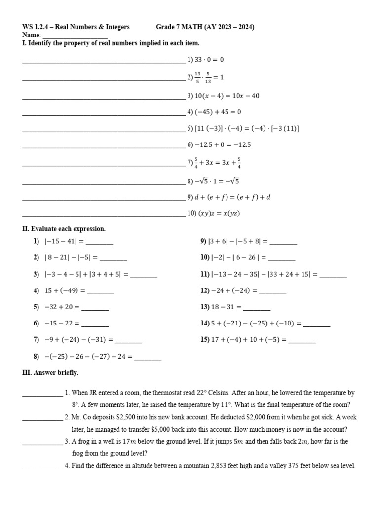 WS 1.2.4 - Real Numbers and Integers | PDF | Earth Sciences | Mathematics